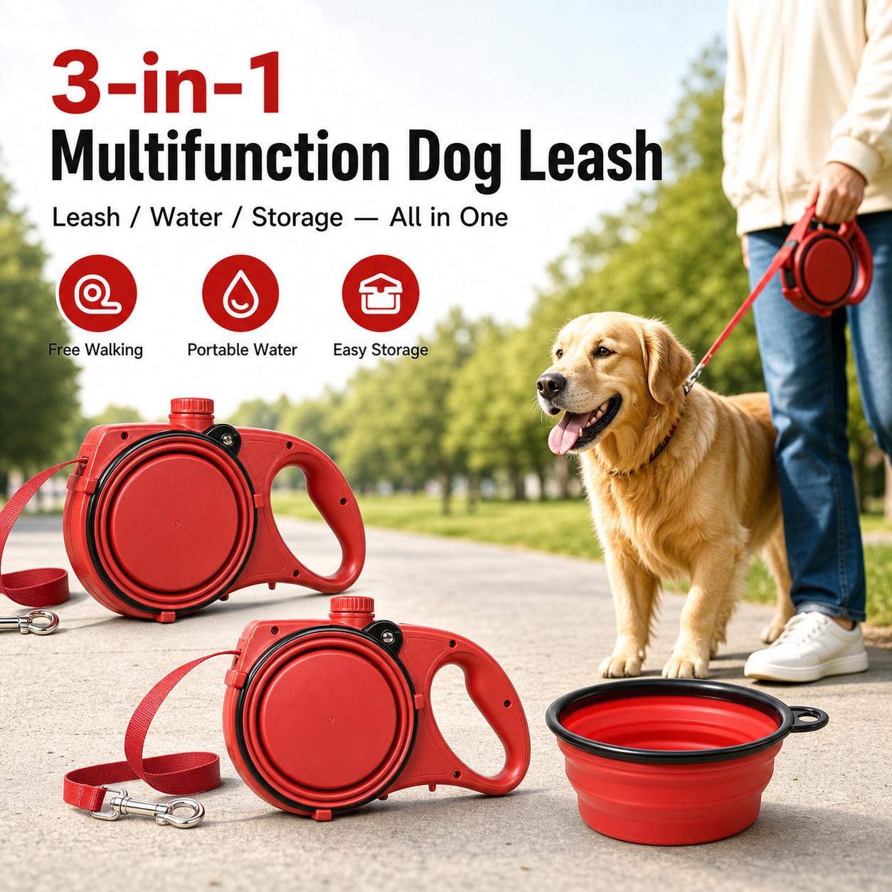 3-in-1 Retractable Dog Leash with Water Bottle & Bowl