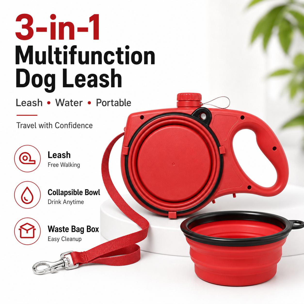 3-in-1 Retractable Dog Leash with Water Bottle & Bowl